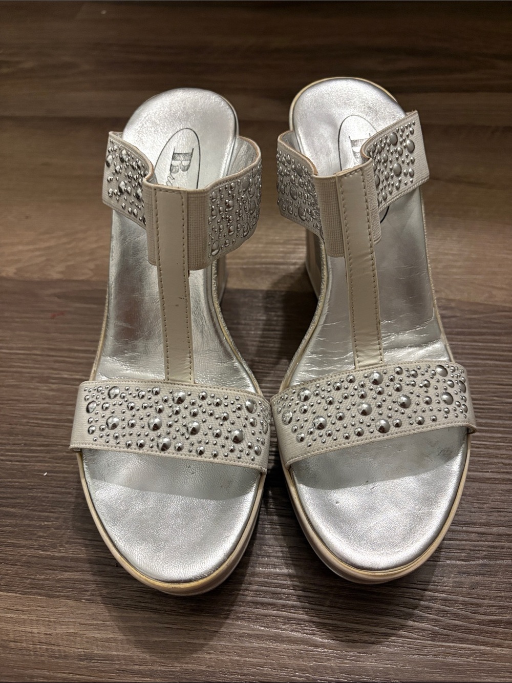 Beige Studded T‑Strap Heeled Sandals